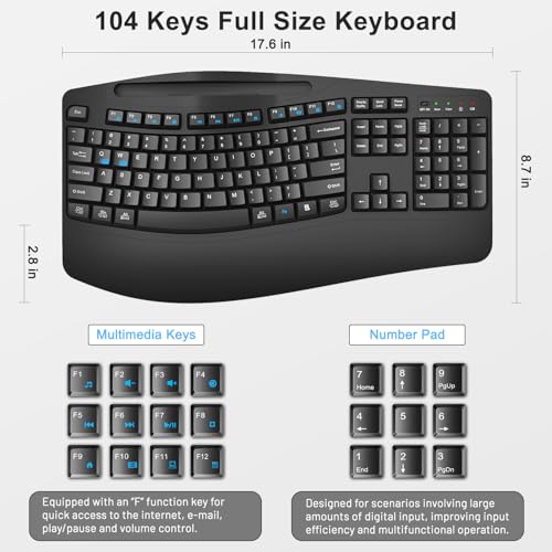 Wireless Keyboard and Mouse Combo, Full Size Ergonomic Wave Keys(Black) | 2.4G Ergonomic Keyboard with Wrist Rest, Phone Holder, 3-Level DPI Silent Mouse with 6-Buttons, for Windows/Mac OS/Laptop/PC - color: Black