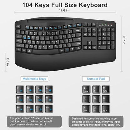 Wireless Keyboard and Mouse Combo, Full Size Ergonomic Wave Keys(Black) | 2.4G Ergonomic Keyboard with Wrist Rest, Phone Holder, 3-Level DPI Silent Mouse with 6-Buttons, for Windows/Mac OS/Laptop/PC - color: Black