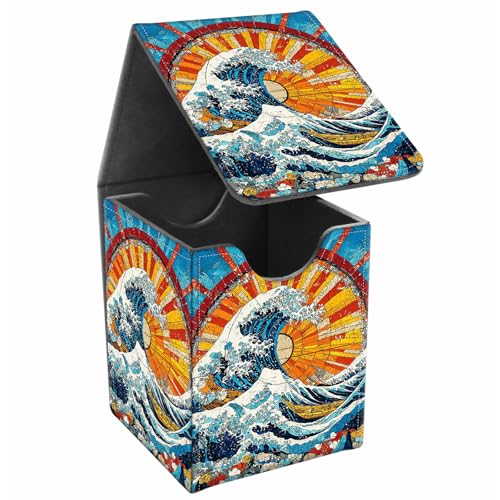 Card Deck Box, Card Storage Box Fits 100+ Single Sleeved Cards, Large Capacity PU Leather Card Storage Box with Strong Magnet for Magic Commander TCG/CCG, Japanese Wave - color: Japanese Wave