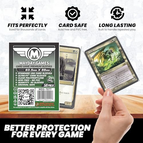 MayDay Games 63.5x88mm Card Sleeves Premium Bundle (4x50 Pack, 200 Sleeves) – 90 Micron Clear Polypropylene, Acid-Free & PVC-Free, Board Game Card Protection – SKU MDG-7077