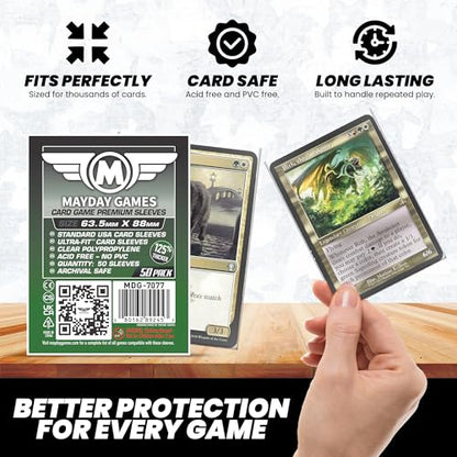 MayDay Games 63.5x88mm Card Sleeves Premium Bundle (4x50 Pack, 200 Sleeves) – 90 Micron Clear Polypropylene, Acid-Free & PVC-Free, Board Game Card Protection – SKU MDG-7077