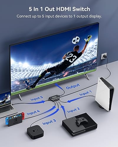 HDMI Switch 5 in 1 Out 4K@60Hz, GANA HDMI Splitter Switcher with Remote, Aluminum HDMI 2.0 Switch Box Hub for 3D, HDCP2.2, HDR, Compatible with Xbox, PS5/4/3,Fire Stick,Roku,Blu-Ray Player, Blue - color: Blue