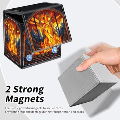 BVDIKMI Card Deck Box for MTG, Card Storage Box Fits 100+ Single Sleeved Cards, PU Leather Strong Magnet Card Deck Case Holder for Magic Commander TCG CCG, Red Flame - color: Red Flame