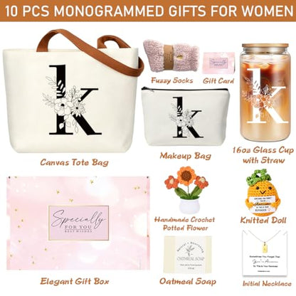DHQH Birthday Gifts for Women, Monogrammed Gifts Box Included 16 oz Initial Glass Drinking Cup,Canvas Tote Bag, Personalized Iced Coffee Tumbler Gift for Women Her Mom Teacher Friends Sister, K - color: letter-cup-k