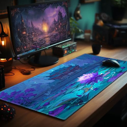 Card Playmat 24" x 14" TCG Game Mat for MTG and Other Card Games, Premium Stitched Card Gameplay Mat with Non-Slip Rubber Backing Board Games Desk Duel Mats, Eastern Temple Purple Lotus - color: Eastern Temple Purple Lotus, size: 24"X14" Without Zones