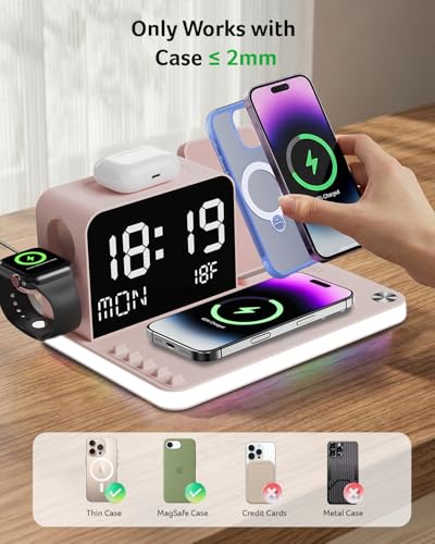 Acer 7-in-1 Wireless Charging Station with LED Clock - 30W Fast Wireless Charger for iPhone 16/15/14/13/12/Pro Max, Apple Watch, AirPods - Bluetooth Auto Time Sync & Night Lights (Pink) - color: Pink