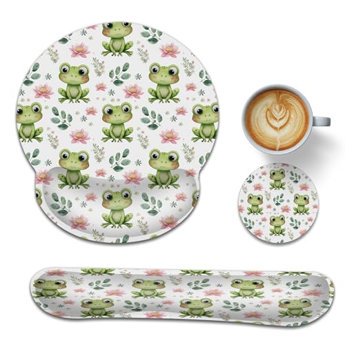 Cute Frog Wrist Rest Mouse Pad and Keyboard Support Set,Lotus Flower 3 in 1 Ergonomic Memory Foam Mousepad with Non Slip Base, Gaming Mouse Pad for Office and Home - color: Cute Frog Lotus Flower
