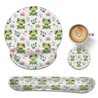 Cute Frog Wrist Rest Mouse Pad and Keyboard Support Set,Lotus Flower 3 in 1 Ergonomic Memory Foam Mousepad with Non Slip Base, Gaming Mouse Pad for Office and Home - color: Cute Frog Lotus Flower
