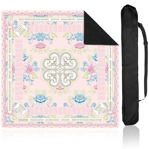 party greeting Chinoiserie Mahjong Mat with Black Carrying Bag 31.5 x 31.5 in Multi Purpose Game Table Cover Anti Slip and Noise Reduction for Mahjong Poker Board Card Dominoes Games(Pink Blue Green) - color: Pink Blue Green