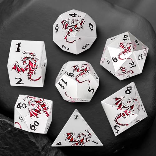 Metal Dice Set, Flat Face White Red Dragon Pattern, 7pcs Polyhedral Metal DND Dice Set, DND Starter Set, D&D Gifts with Gift Box, Role Playing Board Games Accessories, White - color: White+ Red