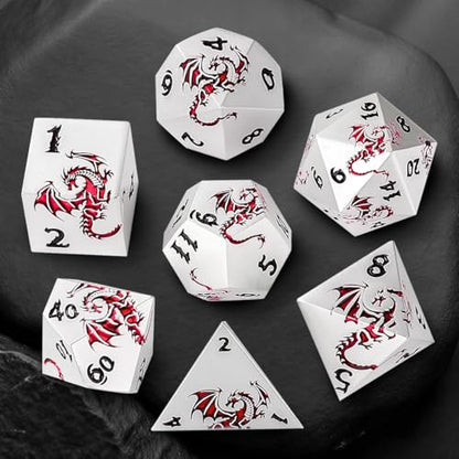 Metal Dice Set, Flat Face White Red Dragon Pattern, 7pcs Polyhedral Metal DND Dice Set, DND Starter Set, D&D Gifts with Gift Box, Role Playing Board Games Accessories, White - color: White+ Red