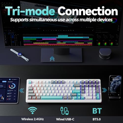 LINGBAO K98 - 96% Mechanical Keyboard Wireless,10000mAh Battery,Wireless Gaming Keyboard BT5.0/2.4G/USB-C, Gasket Hot Swappable,RGB Backlit, Creamy Sounding Keyboards with Number Pad for Win/Mac/PC - color: K98 | 10000mAh | White Blue Grey