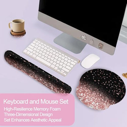 Rose Gold Glitter Mouse Pad with Wrist Rest and Keyboard Wrist Rest Set, Non-Slip Rubber Base Memory Foam Mouse Pad Set for Women, Office Desk Accessories, Gaming - color: Rose Gold Glitter