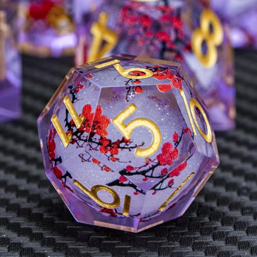ARUOHHA DND Resin Dice Plum Blossom Liquid Core Golden Purple Sharp Edged Dragons Polyhedral Dice Set with Gift Box, Dungeons D and D Dice Set Role Playing Game D20 D12 D10 D8 D6 D4 - color: Flower&purple White-2