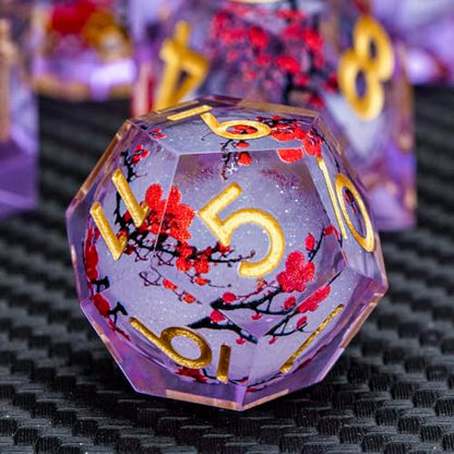 ARUOHHA DND Resin Dice Plum Blossom Liquid Core Golden Purple Sharp Edged Dragons Polyhedral Dice Set with Gift Box, Dungeons D and D Dice Set Role Playing Game D20 D12 D10 D8 D6 D4 - color: Flower&purple White-2