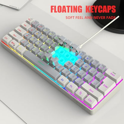 Snpurdiri 60% Wired Gaming Keyboard, 61 Keys RGB (White-Grey) | Small Ultra-Compact Backlit 60 Percent Gaming Keyboard for PC/Mac Gamer, Typist, Travel, Easy to Carry on Business Trip - color: White and Grey