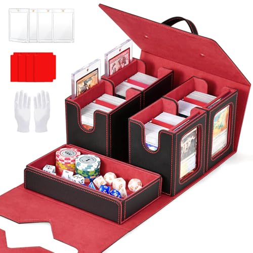 Commander Deck Box for MTG, Trading Card Storage Box Holds 400+ Double-Sleeved Cards, 5 IN 1 Removable Card Case with Dice Tray, Display Window with Magnetic Card Holders for TCG/CCG (Black Red) - color: 5-IN-1-Black Red
