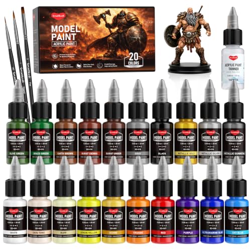 Smallbudi 20 Colors Model Paint Set 20ml/0.6Oz Miniature Acrylic Paint | With 3 Brushes & 1 Thinner for Brush Use & Airbrushing, Modeling Paint Set for Miniatures, Gaming Figures, 3D Prints, Crafts - color: 20 Colors with 1 Thinner