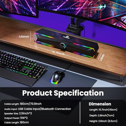 Tylubio Computer Speakers for PC Desktop, Flowing LED Under-Monitor Soundbar with Clear Stereo Sound, Bluetooth & USB 2-in-1 Audio Input, PC Speaker for Monitor Laptop, Black