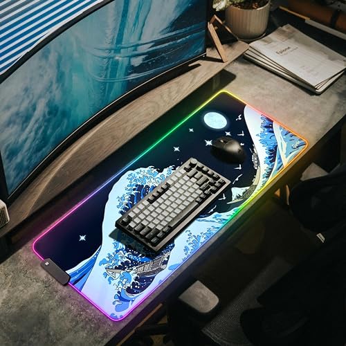 Gerlos RGB Gaming Mouse Pad, Large LED Desk Mat, 31.5 x 11.8 Inch | 12 light modes, non-slip base, water-resistant surface, stitched edges - color: Wave