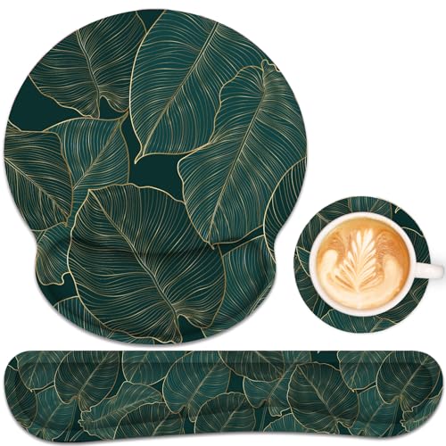 Ergonomic Mouse Pad with Wrist Rest and Keyboard Wrist Rest, Mousepad and Wrist Rest for Computer Keyboard, Pain Relief, Non-Slip Base, Mouse Pad Wrist Support for Gaming, Office, Green Palm Leaf - color: Green Palm Leaf