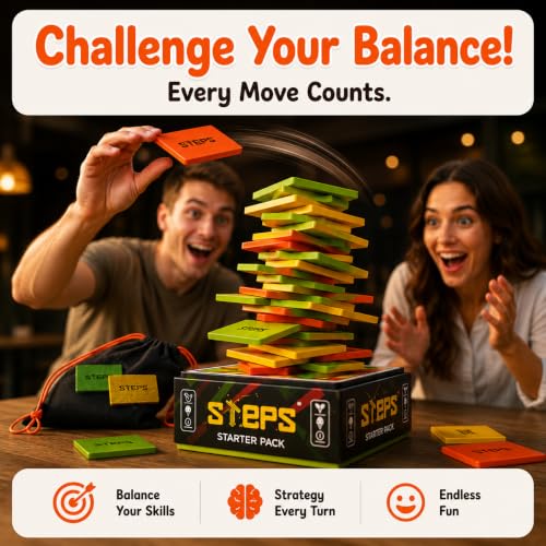 STEPS Wooden Board Games for Adults & Family - Color Stack Game for Game Night, Party & Travel Games, Unique Gift, Starter Pack