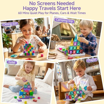 burgkidz Magnetic Tiles Travel Set: 48 PCS 3-in-1 Diamond Tin Box Mini Magnetic Blocks for Kids Ages 3-8, 60-Mins Quiet Focus with 45-Second Cleanup, Perfect for Air Travel & Car Trips Boys & Girls