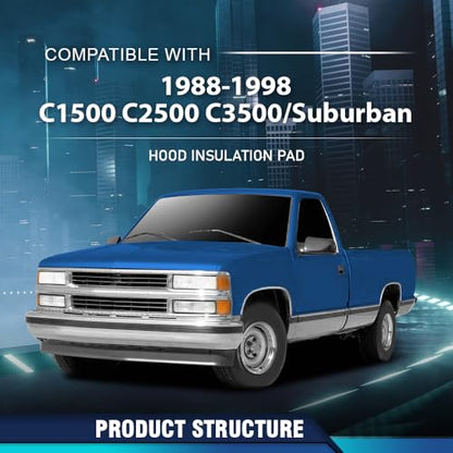 PIT66 Hood Insulation Pad 1/2" with Clips Compatible with Chevy GMC C1500 C2500 C3500 and Suburban 1988-1998 - style: 1988-1998 Chevy/GMC