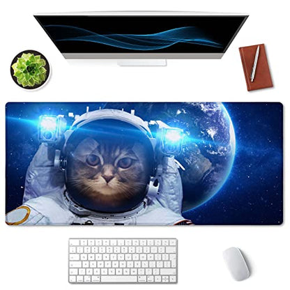 SSOIU Large Mouse Pad, Full Desk XXL Extended Gaming Mouse Pad 35.5" X 15.7", Waterproof Desk Mat Stitched Edges, Non-Slip Laptop Computer Keyboard Mousepad for Office and Home - Galaxy Astronaut Cat - color: Galaxy Astronaut Cat