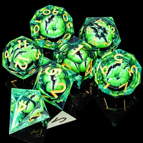 ARUOHHA DND Resin Dice Dragon Eye Dice Liquid Core Green Sharp Edged Dice Set with Gift Box, Dungeons Polyhedral D and D Dice Set Compatible with D&D Role Playing Game D20 D12 D10 D8 D6 - color: Ly02-green