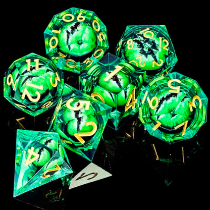 ARUOHHA DND Resin Dice Dragon Eye Dice Liquid Core Green Sharp Edged Dice Set with Gift Box, Dungeons Polyhedral D and D Dice Set Compatible with D&D Role Playing Game D20 D12 D10 D8 D6 - color: Ly02-green
