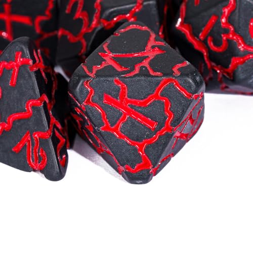 Black DND Dice Set Cracked Polyhedral Dice Set D&D for Tabletop Game | Leather Storage Bag, DM Gift, for Dungeons and Dragons Role Playing Games - color: Crackle-red