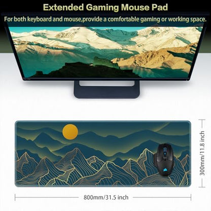 Canjoy Large Gaming Mouse Pad, 31.5x11.8inch Mountain Computer Keyboard Mat | Large Extended Computer Desk Pad Keyboard and Mouse Pad Full Desk Mousepad for Gaming, Office, Home - color: Golden Mountain-Blue, size: 800*300mm