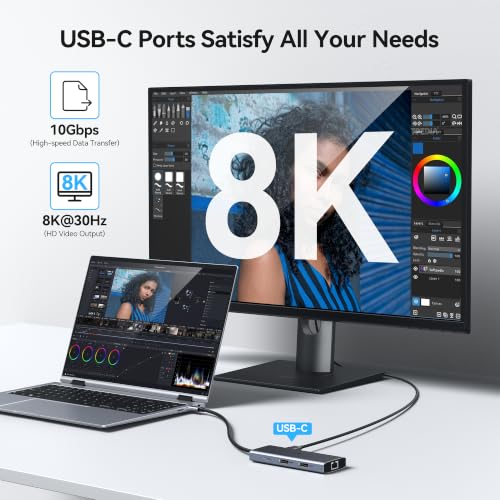 Laptop Docking Station 3 Monitors USB C to USB C Hub Dual Monitor Adapter | USB C Docking Station USBC Splitter with 8K USB C Video Output HDMI,100W PD Charging,10Gbps Data,Ethernet for Dell HP Lenovo - color: Medium Gray