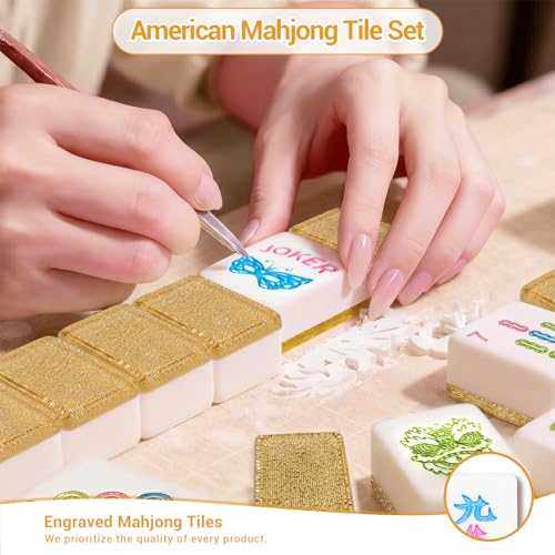 American Mahjong Tile Set, 166 Tiles (1.2”), Cute Mini Tiles-Champagne Gold | Mahjong Tile Set with Carrying Bag, Dice, Mat, Portable Travel Complete Game Set for Home Outdoor Enthusiast Gift - color: Champagne Gold
