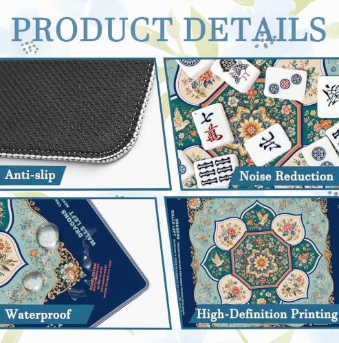 Blue and Green Chinoiserie Floral Mahjong Mat 31.5x31.5 Inch | Islamic Majolica Floral Bird Non-Slip Noise Reduction Mah Jong Table Mat Cover Gifts for Mahjong Lovers Dominoes - color: Chinese-style Flowers