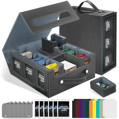 Commander Deck Box with Handle, Trading Card Storage Box for MTG&TCG.7 in 1 MTG Deck Box with 6 Toploaders, 6 Stoppers, 10 Colorful Dividers.(Black & Grey, 7 IN 1) - color: Black & Grey