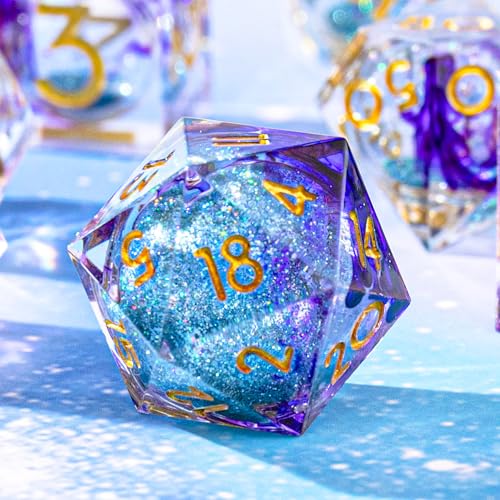 Single Liquid Core D20 Dice - 22mm, 20 Sided D&D Dice for Dungeons and Dragons, RPG, Roleplaying Games MTG Table Games, Handmade Polyhedral Dice with Resin Sharp Edge (Blue Purple) - color: D20-liquid Blue Purple