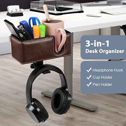 Desk Cup Holder Clip on Pen Holder Headphone Hanger Headset Stand Rotatable Clamp Hook Under Desk (Brown) - color: Brown
