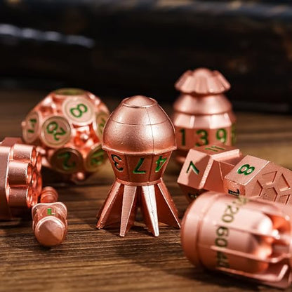 UDIXI RPG Metal Dice Set D&D, 7-Pieces Polyhedral Metal DND Dice Set Copper | Bomb Shape, Green Numbers, Solid Metal, Cool Design, Leather Pouch Packaging, for Dungeons and Dragons Role Playing Games - color: Copper Green
