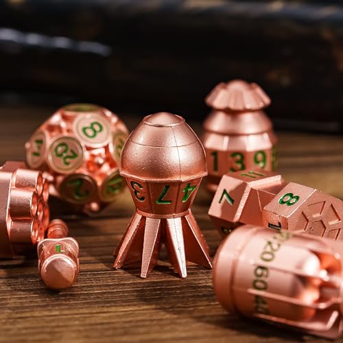 UDIXI RPG Metal Dice Set D&D, 7-Pieces Polyhedral Metal DND Dice Set Copper | Bomb Shape, Green Numbers, Solid Metal, Cool Design, Leather Pouch Packaging, for Dungeons and Dragons Role Playing Games - color: Copper Green