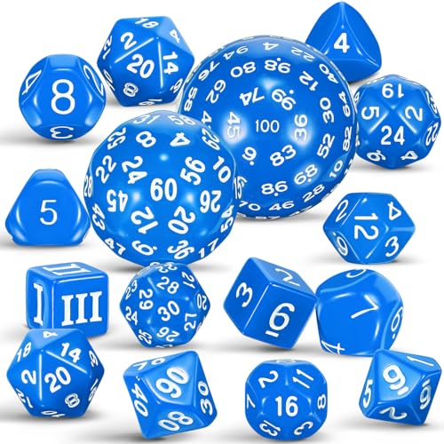 Civaner 15 Pcs Complete Polyhedral Dice Set D3-D100 Spherical RPG Dice Set in Opaque Black, 100 Sides for Role Playing Table Games Party Supplies(Blue and White) - color: Blue and White