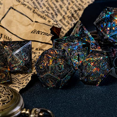 Cusdie Sharp Edges Dice DND, 7 PCs D&D Dice, Handcrafted Polyhedral Dice Set, for Role Playing Game (Black Pattern) - color: Black Pattern-transparent Black