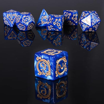 DND Dice Set - 7 Polyhedral Role Playing Dice with Gold Dragon Design, Acrylic D&D Dice Perfect for Dungeons and Dragons, Pathfinder, Warhammer, RPG Games (Blue) - color: Gold Dragon-blue