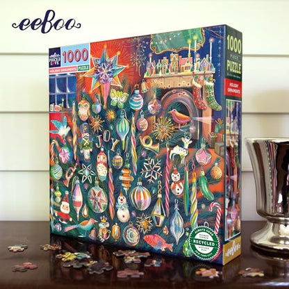 eeBoo Holiday Ornaments 1000 Piece Square Puzzle, 23" x 23" Christmas Theme | Double coated, sturdy & dust free pieces with a satisfying snap. Includes full color reference insert. Vibrant, original art - style: Holiday Ornaments