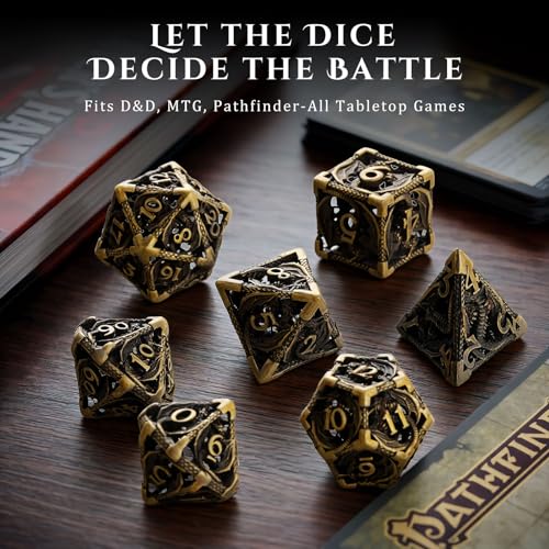 MoKo Dragon Hollow Metal DND Dice Set, Bronze | 7 Pcs Polyhedral, D20 D12 D10 D8 D6 D4, For Dungeons and Dragons RPG Games, With Gift Box - color: 4 - Bronze