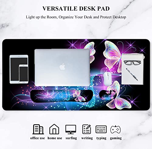 Large Mouse Pad with Wrist Rest, 4-in-1 Wrist Rest for Keyboard and Mouse | Non-Slip Waterproof Desk Mat Set, 35.4"x15.7" Desk Mat+Keyboard Wrist Rest+Mouse Wrist Support+Cup Coaster for Home Office - color: 4Pcs-Butterfly
