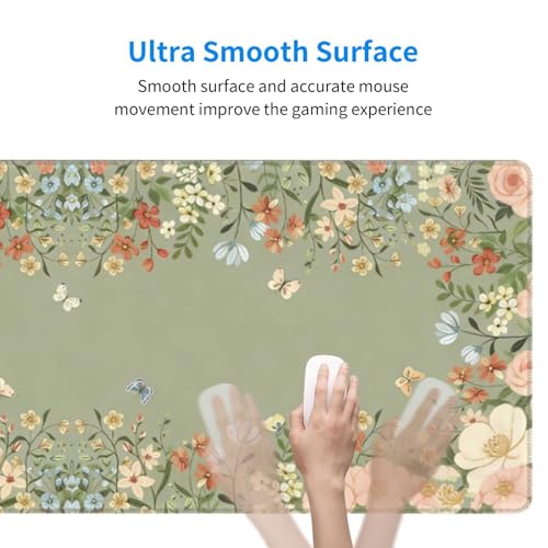 Large Gaming Mouse Pad Desk Mat, Green Girly Floral Extended Keyboard Mouse Pad Mousepad with Non-Slip Base and Stitched Edge Mouse Mat Desk Pad Mouse Pads for Desk Home Office, 31.5 x 11.8 - color: Girly Floral Green