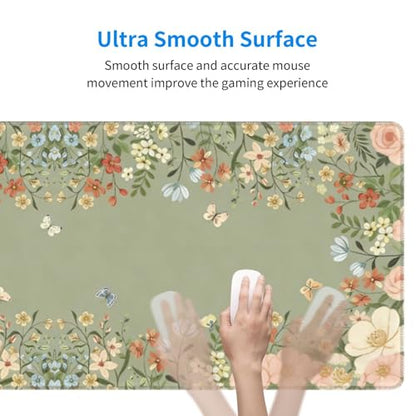 Large Gaming Mouse Pad Desk Mat, Green Girly Floral Extended Keyboard Mouse Pad Mousepad with Non-Slip Base and Stitched Edge Mouse Mat Desk Pad Mouse Pads for Desk Home Office, 31.5 x 11.8 - color: Girly Floral Green