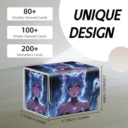 Trading Card Storage Box, Holds 100+ for MTG Cards, PU Leather with Magnetic Closure, Blue Cat Girl Mage Fantasy Durable Deck Box for Magic the Gathering, Trading Card Games - color: Blue Cat Girl Mage Fantasy